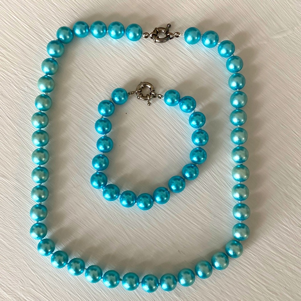 Tiffany Blue Teal Freshwater Cultured Pearl Necklace & Bracelet Set - Picture 16 of 16
